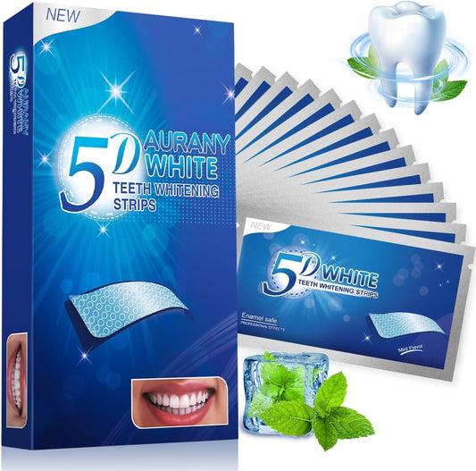 AURANY 5D Sensitive Teeth Whitening Strips – 28 Strips, Enamel-Safe, Fast Stain Removal for Coffee & Smokers, 14-Day Kit