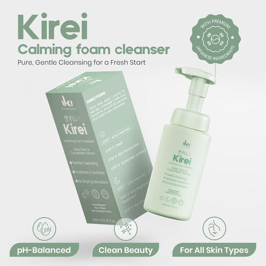 KIREI Foam Cleanser – Gentle Aloe Vera & Cucumber Face Wash, Hydrating & Soothing, Dermatologically Tested, Paraben-Free, Suitable for Sensitive Skin