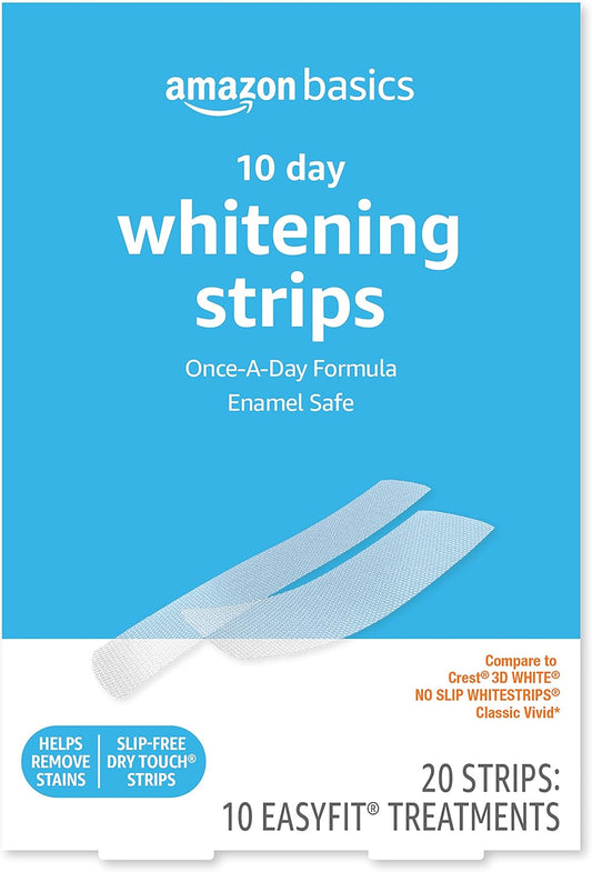 Amazon Basics 10-Day Teeth Whitening Strips Kit – Enamel-Safe, No-Slip, Easy 30-Min Whitening (20 Strips)