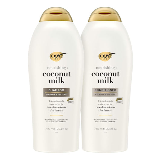 OGX Nourishing + Coconut Milk Shampoo & Conditioner Set – Hydrating, Strengthening & Sulfate-Free Hair Care for All Hair Types, 25.4 fl oz x 2
