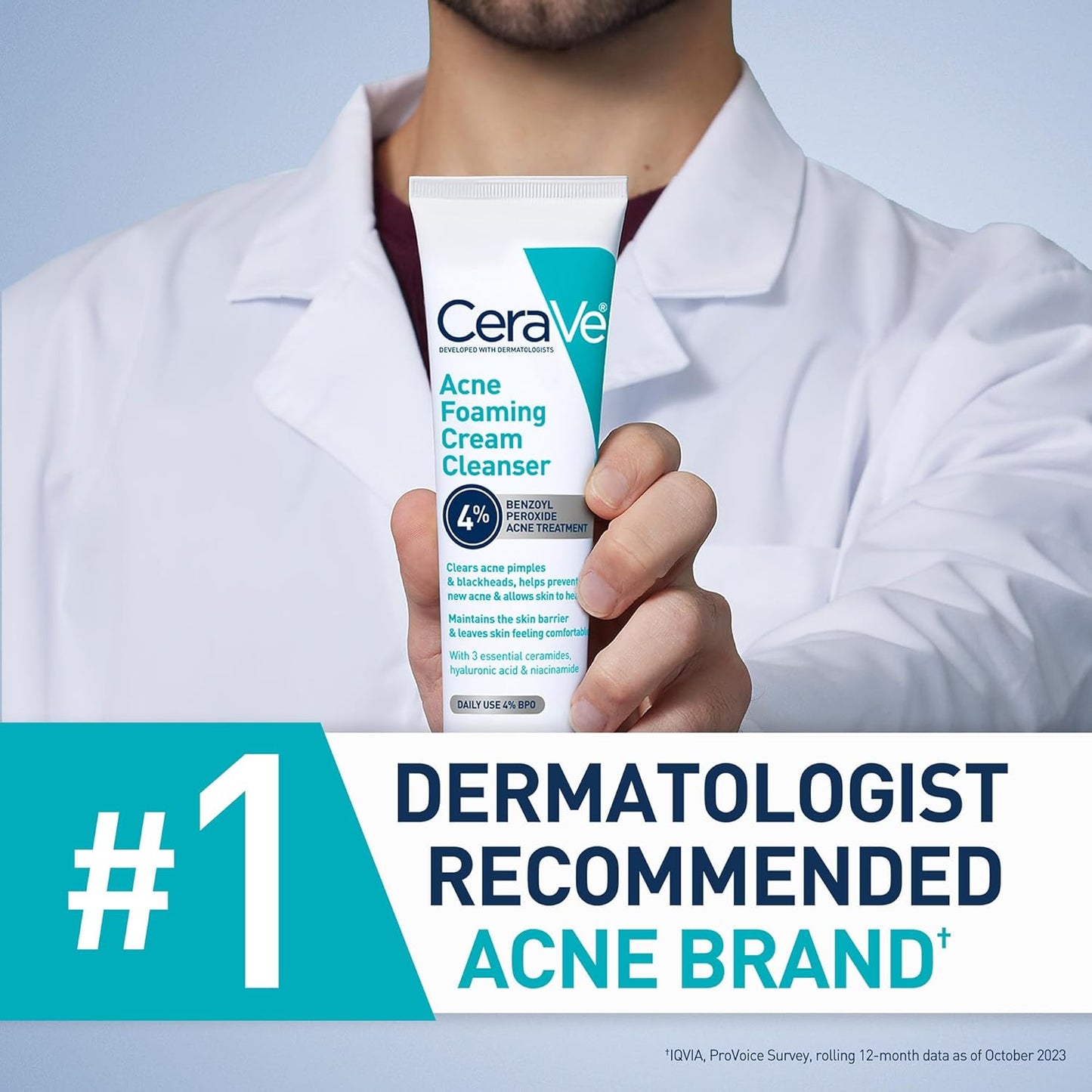 CeraVe Acne Foaming Cream Cleanser with 4% Benzoyl Peroxide & Hyaluronic Acid – Gentle Daily Acne Face Wash for Clear, Hydrated Skin
