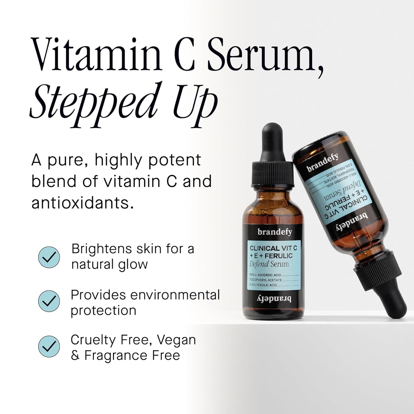 Brandefy Vitamin C Face Serum 15% L-Ascorbic Acid with Ferulic Acid & Vitamin E | Brightening Dark Spot Corrector & Anti-Aging Serum (1oz / 30ml, Made in USA)