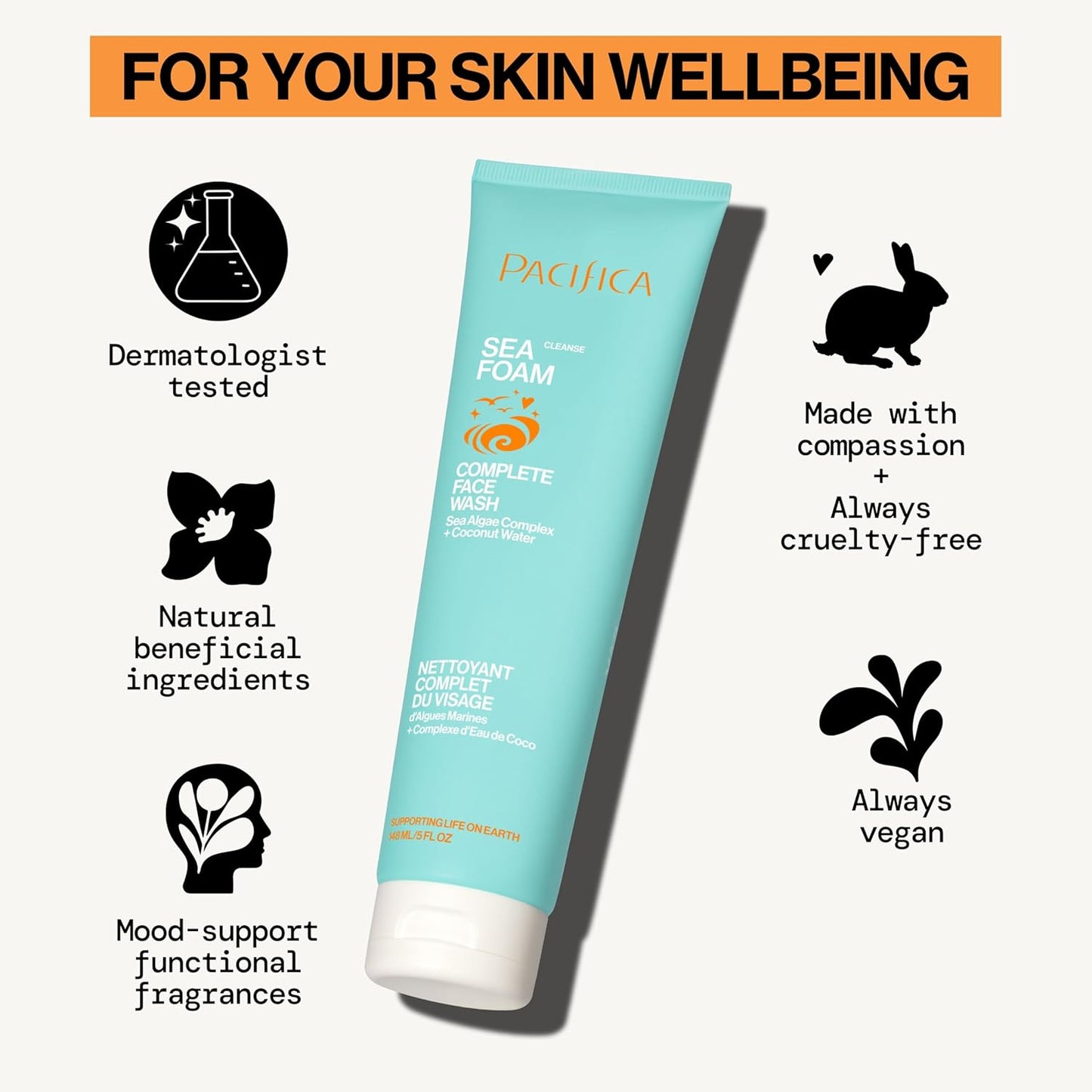 Pacifica Sea Foam Face Cleanser – Gentle Daily Wash with Coconut Water & Sea Algae for Oily & Combo Skin