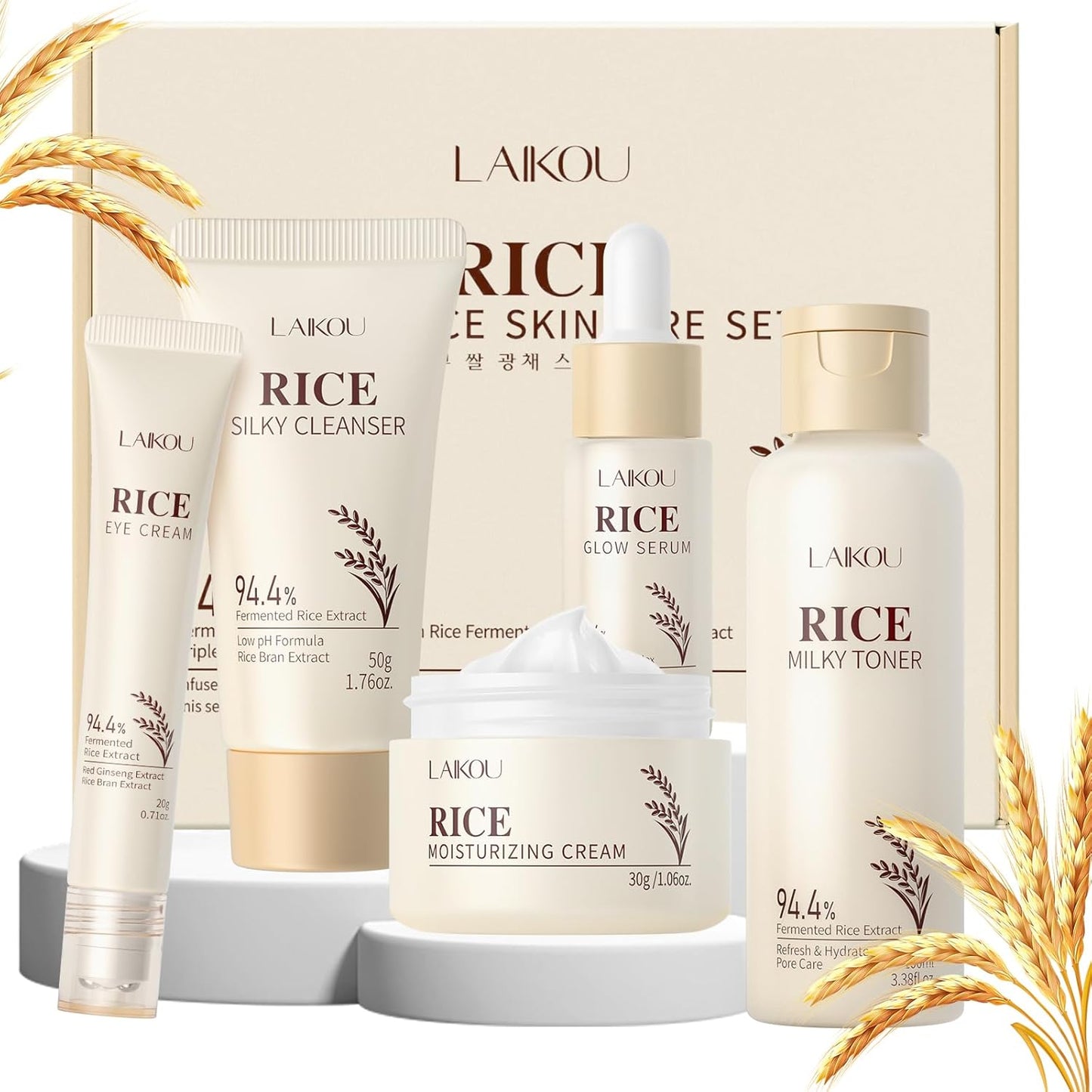 LAIKOU Korean Rice Skincare Set – Cleanser, Toner, Serum, Eye Cream & Moisturizer | 5-Piece Hydrating Face Care Kit for Women, Teens & Moms