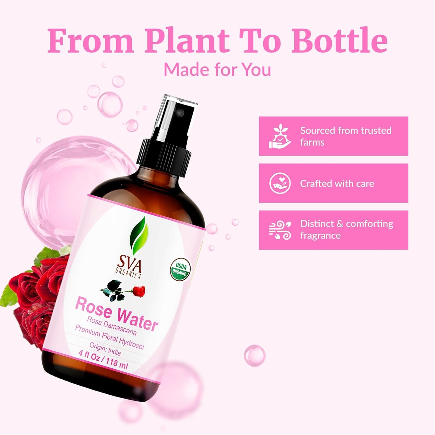 SVA Organics Rose Water Spray 4oz – Hydrating & Refreshing Rose Mist for Skin, Hair & Aromatherapy | 100% Natural & Preservative-Free