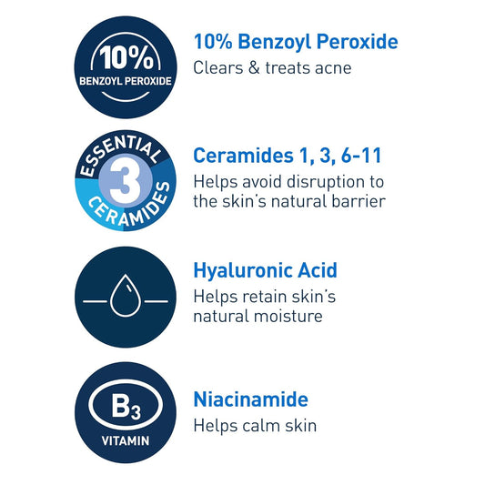 Crema limpiadora espumosa para el acné CeraVe con 10 % de peróxido de benzoilo y niacinamida (147 ml)