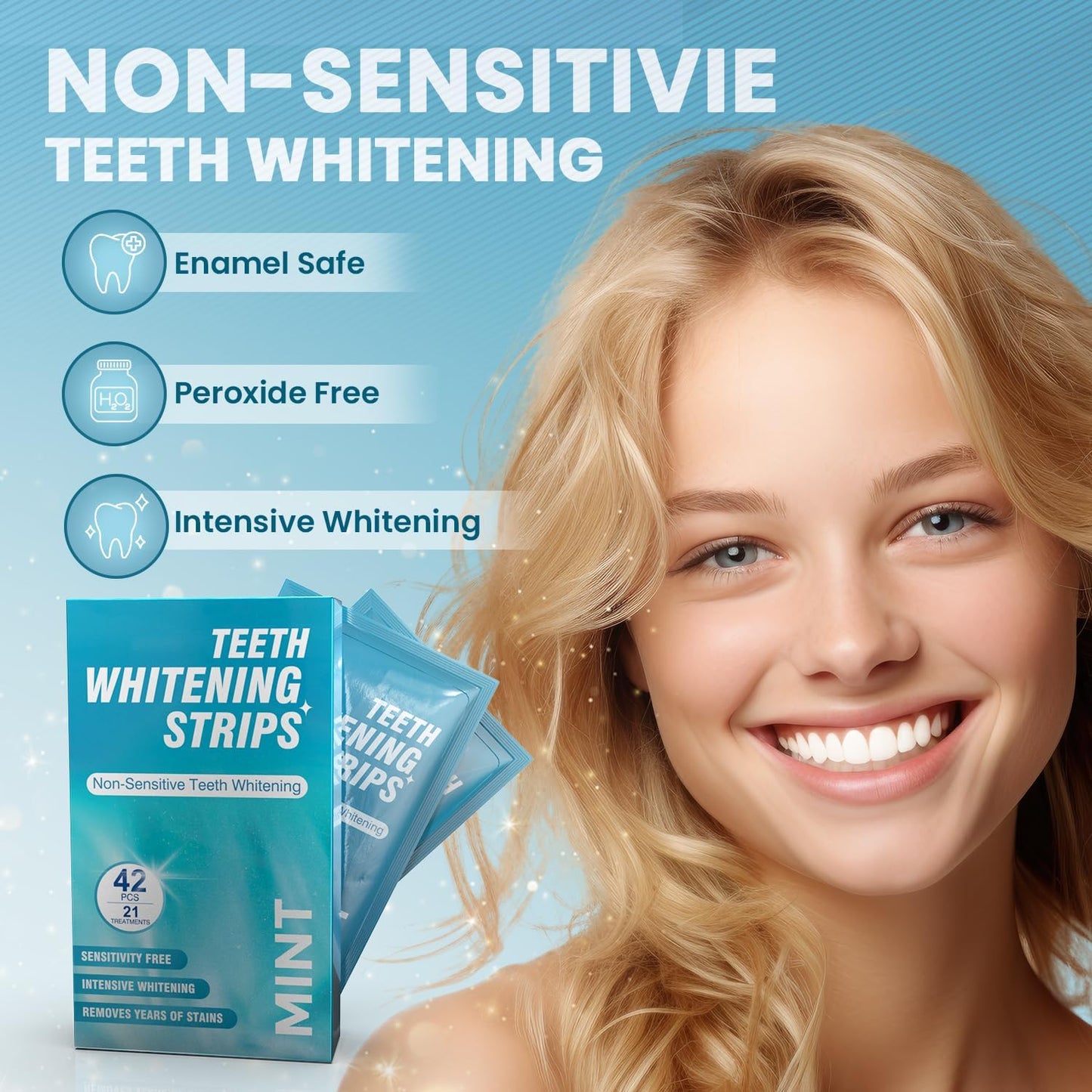 Teeth Whitening Strips for Sensitive Teeth – 42 Strips Enamel-Safe, Non-Slip Mint Strips with Fast 30-Min Results (21 Treatments)