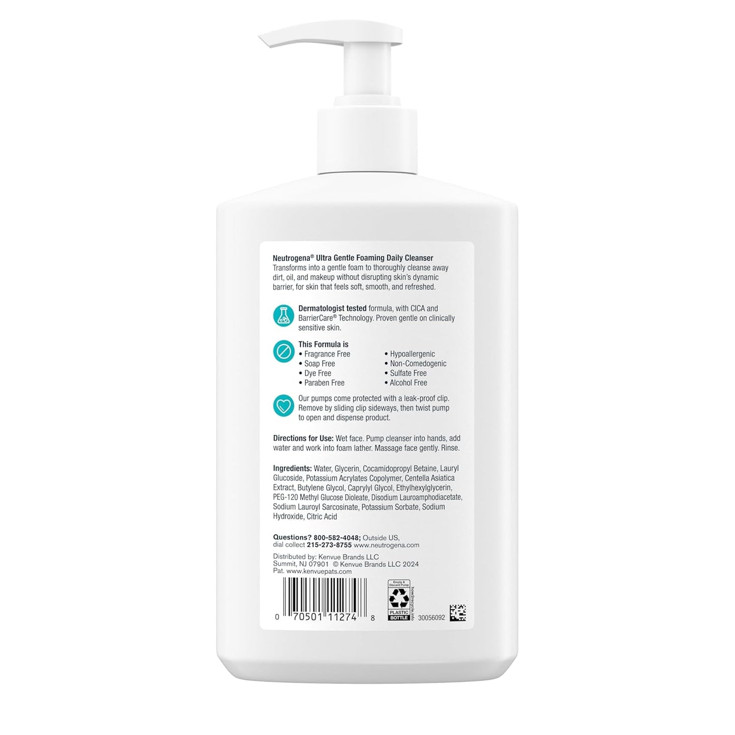 Neutrogena Ultra Gentle Foaming Facial Cleanser – Fragrance-Free, Hydrating Face Wash for Sensitive Skin, Daily Makeup Remover, 16 fl. oz