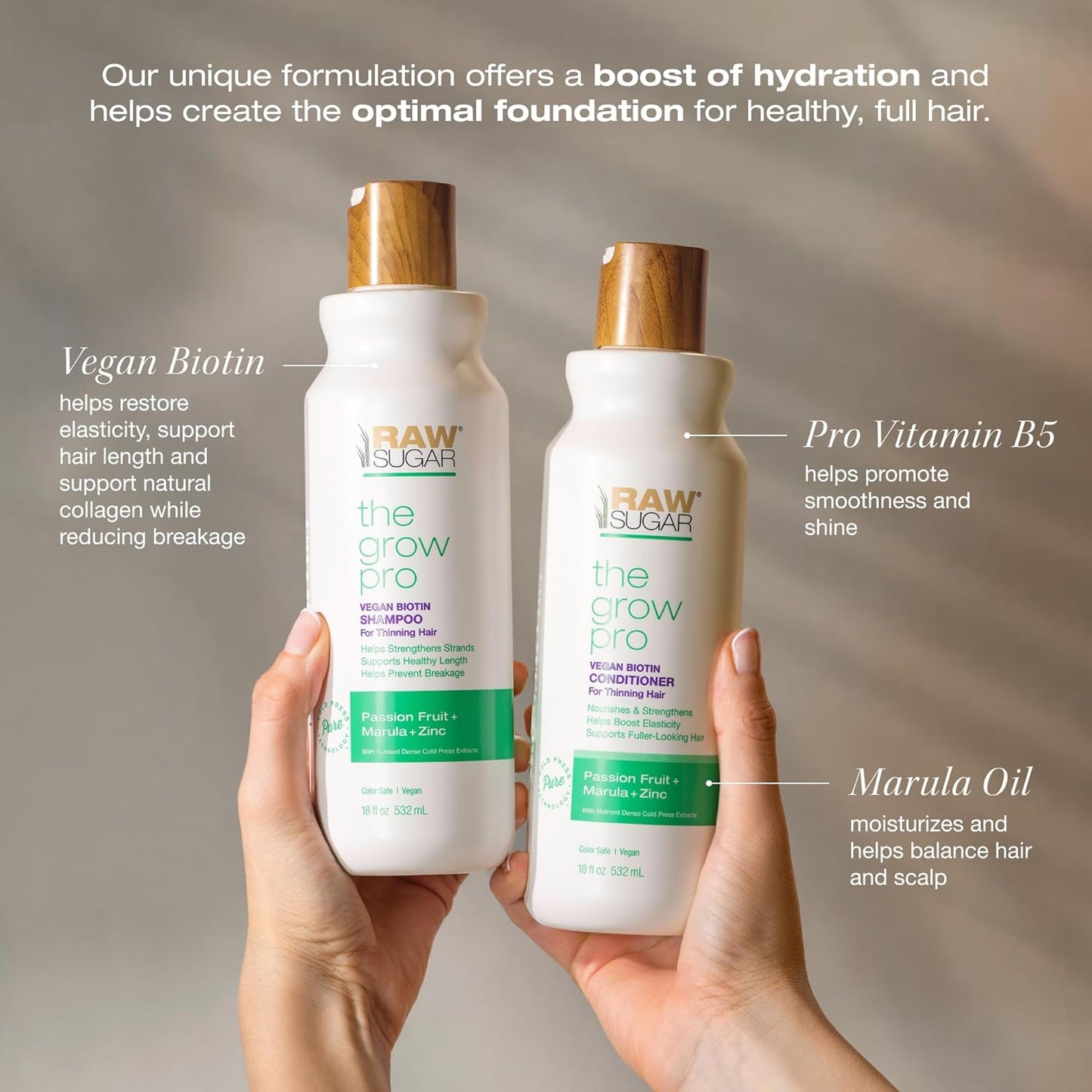Raw Sugar Grow Pro Shampoo & Conditioner Set – Anti-Thinning, Pro-Lengthening with Vegan Biotin, Passion Fruit & Marula – Sulfate-Free, 2 Pack