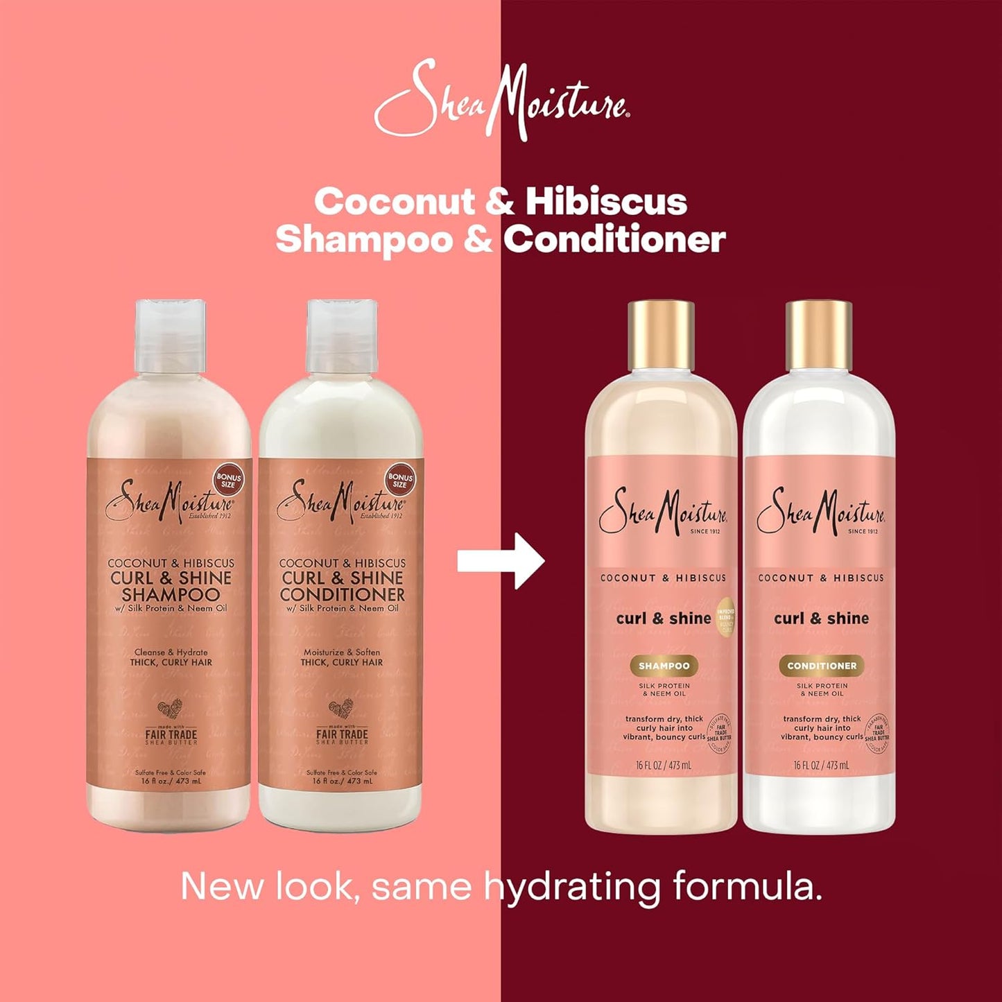 SheaMoisture Coconut & Hibiscus Curl & Shine Shampoo & Conditioner Set – Frizz Control & Curl Definition, Sulfate-Free, 16oz Each