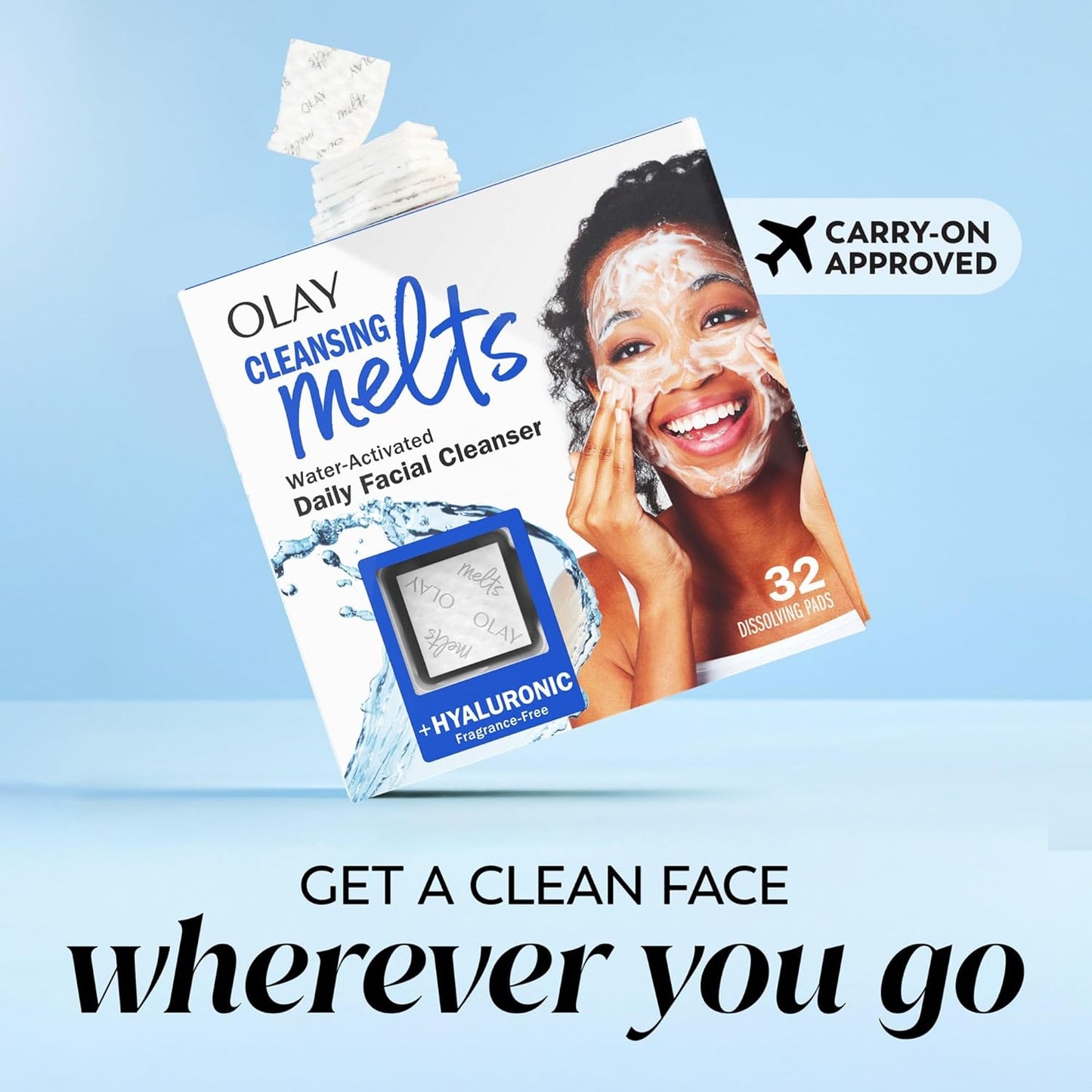 Olay Hyaluronic Acid Cleansing Melts – Fragrance-Free Daily Face Wash Pads, Gentle Cleanser for All Skin Types, Travel-Friendly 64ct (2-Pack)