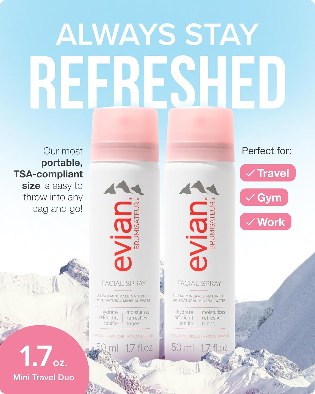 Evian Facial Spray 1.7 oz – Hydrating Mineral Water Mist for Refreshing, Toning & Makeup Setting | TSA-Approved Travel Size