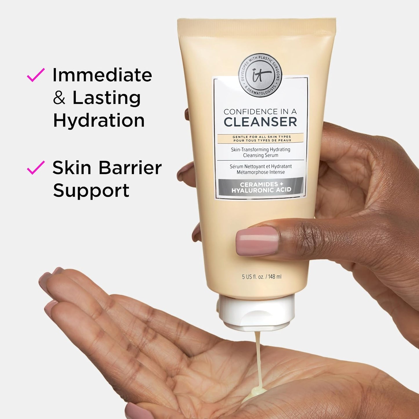 IT Cosmetics Confidence in a Cleanser – Hydrating Serum Foaming Face Wash with Hyaluronic Acid & Ceramides – Gentle Makeup Remover & Skin Barrier Support, Sulfate-Free, 5.94 oz