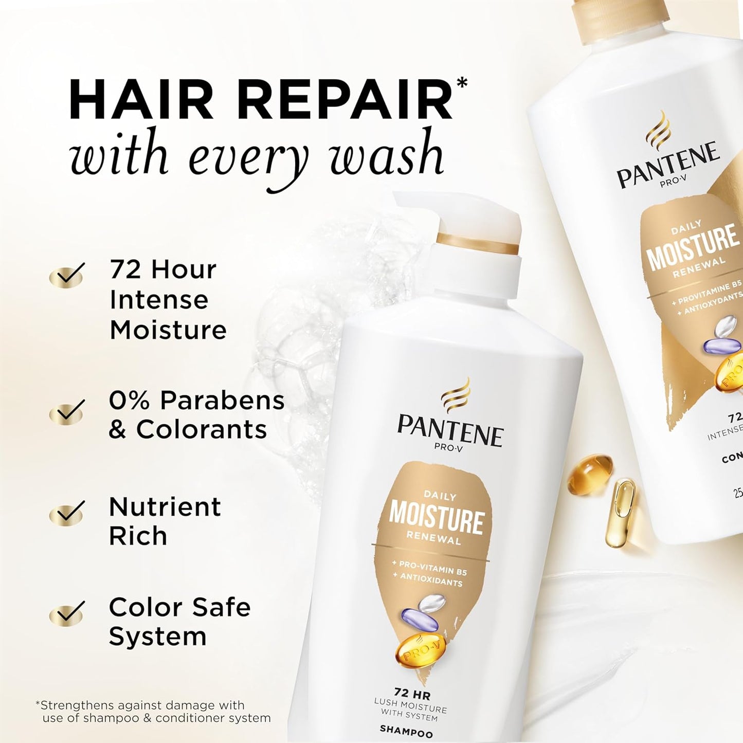 Pantene Daily Moisture Renewal Shampoo & Conditioner Set + Miracle Rescue Shot – 72-Hour Hydration & Softness for All Hair Types (52.8 oz)