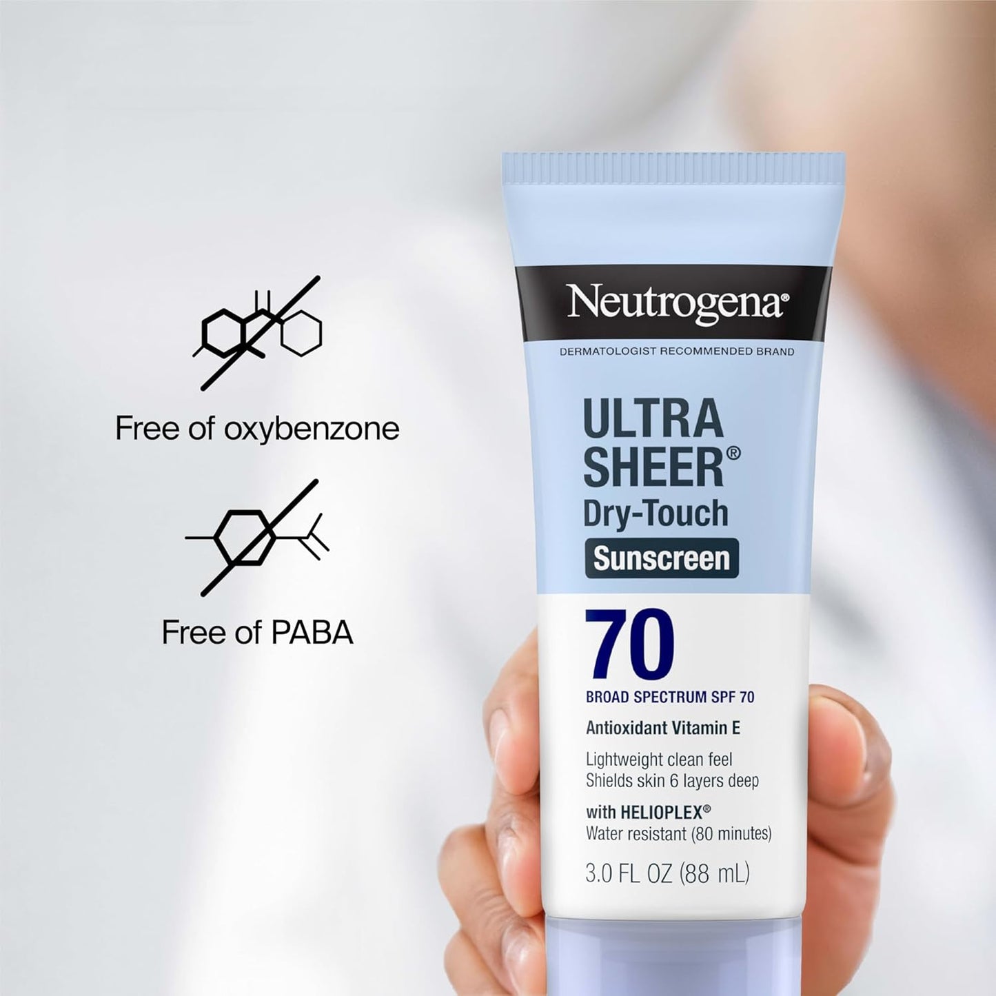 Neutrogena Ultra Sheer Dry-Touch Sunscreen SPF 70 – Oil-Free, Water-Resistant, 3 fl oz Travel Size