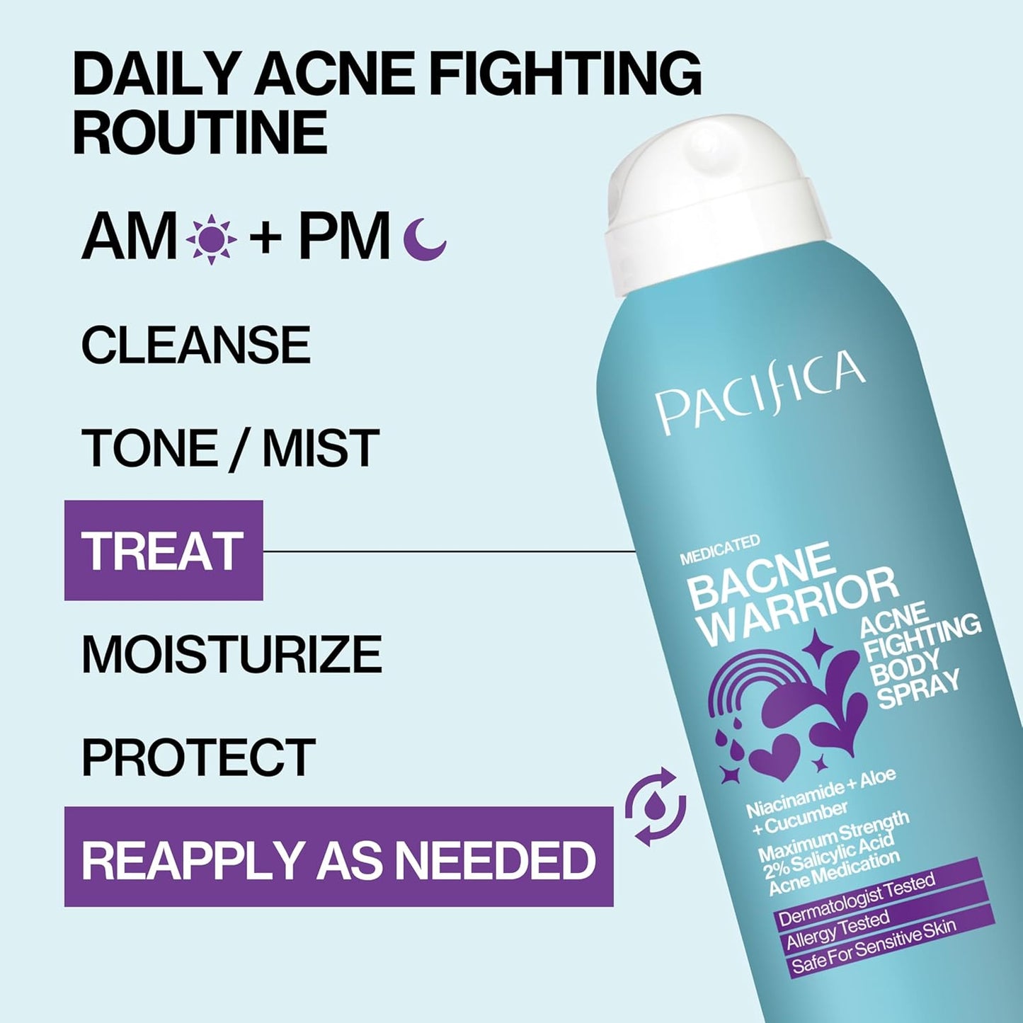 Pacifica Bacne Acne Cleanser Spray – 2% Salicylic Acid Body Mist for Back, Chest & Body Acne | Niacinamide & Aloe | Vegan & Dermatologist Tested – 6oz
