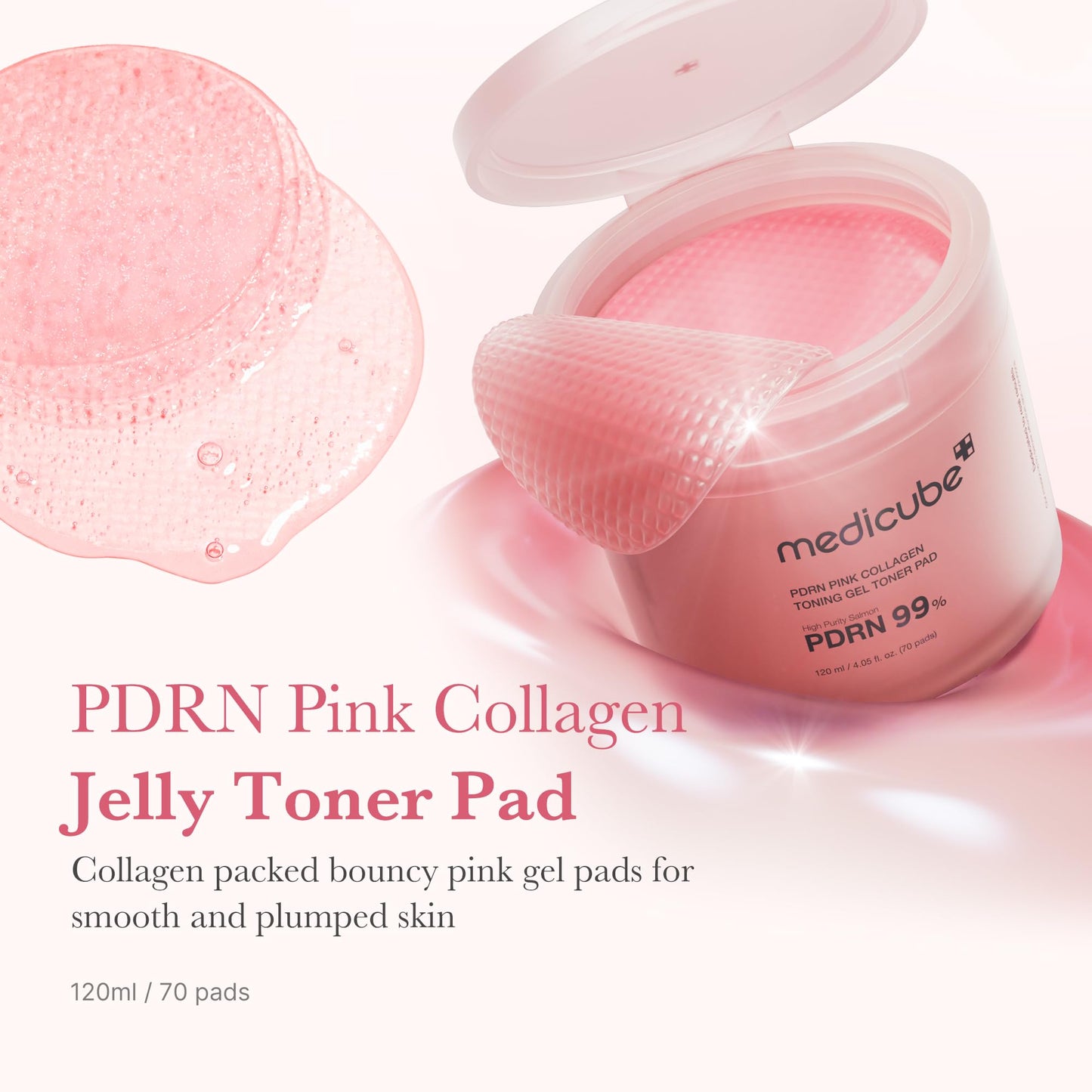 Medicube Salmon DNA PDRN Pink Collagen Jelly Pad – Korean Gel Toner Pads with Niacinamide, Retinol & Madecassoside for Radiance, Soothing & Uneven Skin Tone (70 Pads)