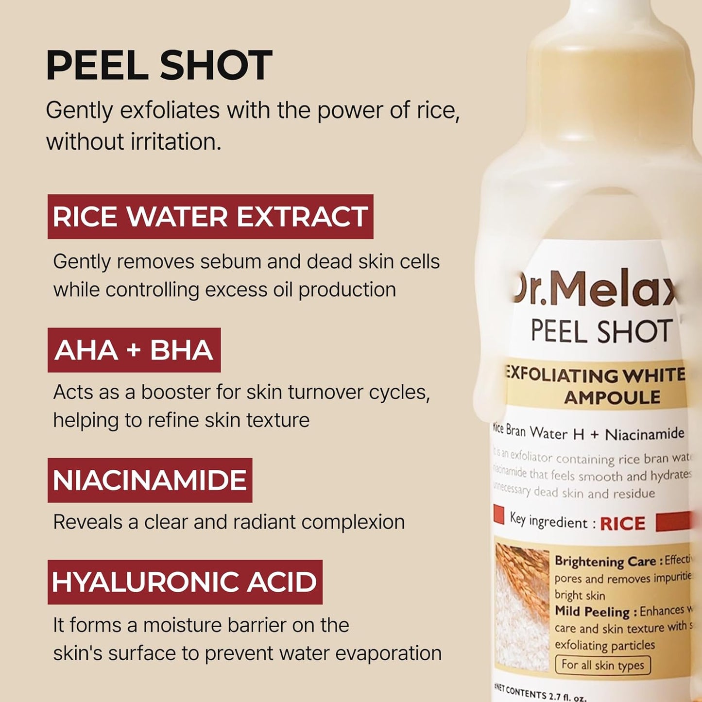 Peel Shot Glow White Rice Peeling Ampoule – Exfoliating & Brightening Serum for Face & Body with Niacinamide & Rice Extract (80ml)