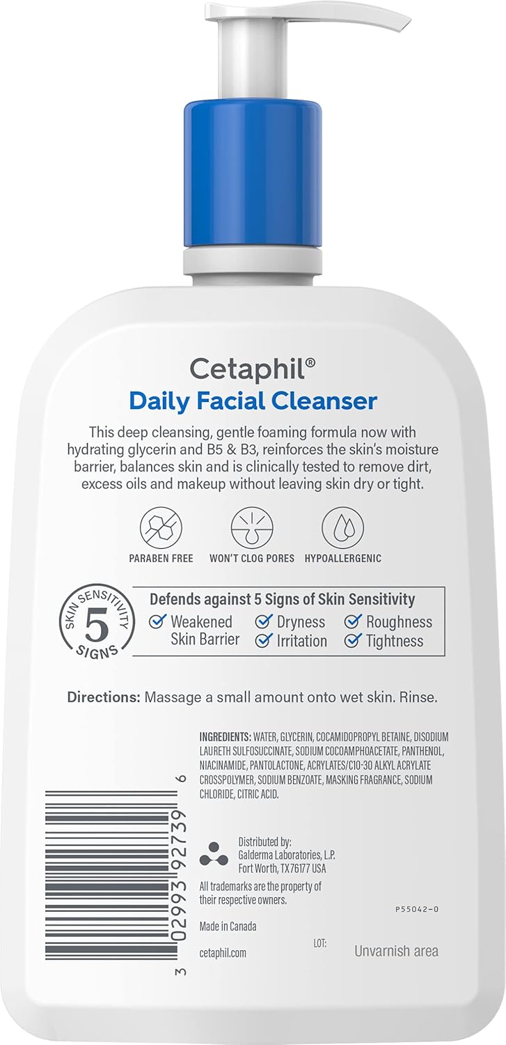 Cetaphil Daily Facial Cleanser for Sensitive & Oily Skin – 20 oz, Gentle & Soap-Free