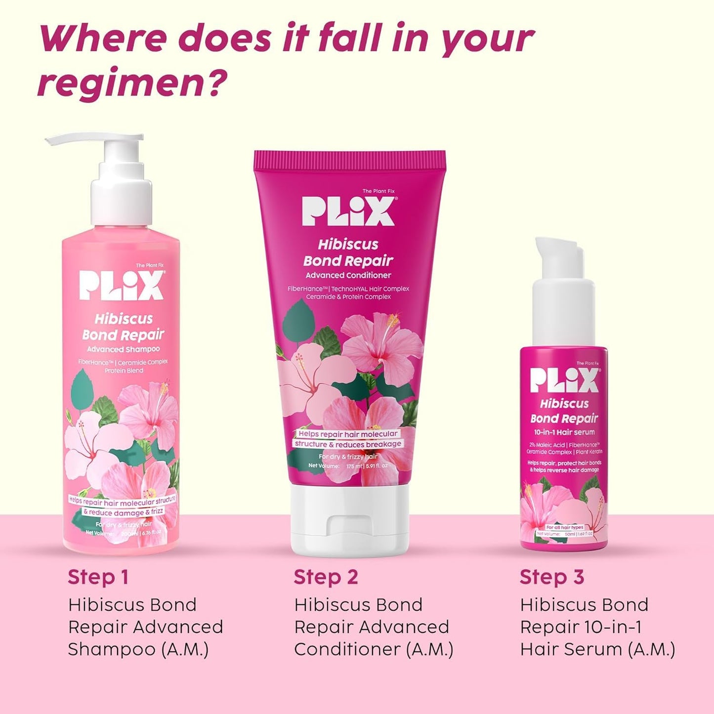 PLI'X Hibiscus Bond Repair Shampoo & Conditioner Set | FiberHance™ + TechnoHYAL Complex for Stronger, Hydrated, Frizz-Free Hair