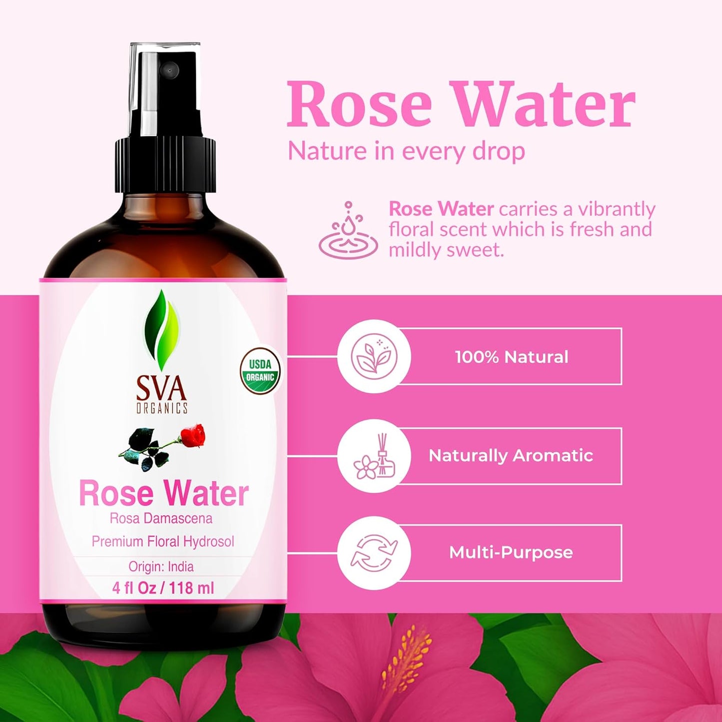 SVA Organics Rose Water Spray 4oz – Hydrating & Refreshing Rose Mist for Skin, Hair & Aromatherapy | 100% Natural & Preservative-Free