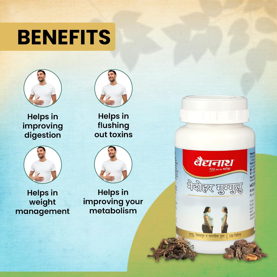 Baidyanath Medohar Guggulu Tablets, Enriched with Guggulu, Chitrakmool and Nagarmotha- 120 Tab (Pack of 1)