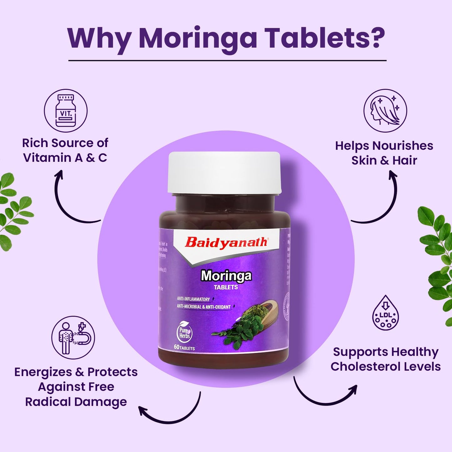 Baidyanath Moringa Tablets 60 Tabs (Pack of 1) –Drumstick Leaf Tablets| Helpful in Overall Health and Wellness and Gut Balance