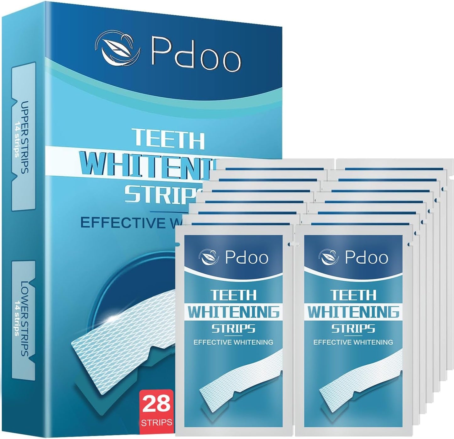 Pdoo Teeth Whitening Strips – 14 Sensitive-Safe Treatments, 28 Non-Slip Strips for Fast Stain Removal from Coffee, Wine & Smoking