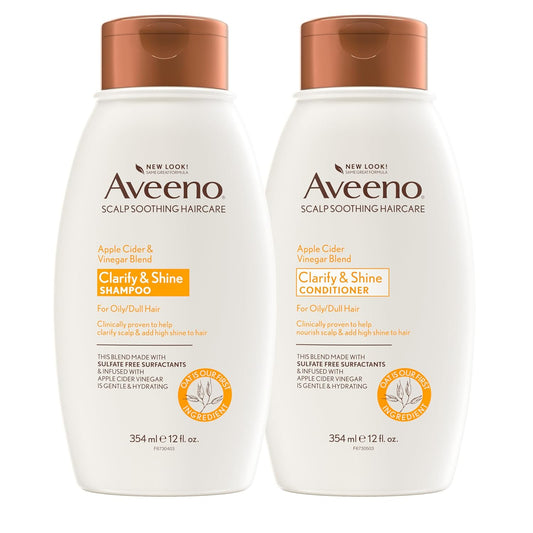 Aveeno Apple Cider Vinegar Shampoo & Conditioner Set | Clarifying, Nourishing & Shine Boost for Oily or Dull Hair | Paraben & Dye-Free (12 fl oz, 2-Pack)