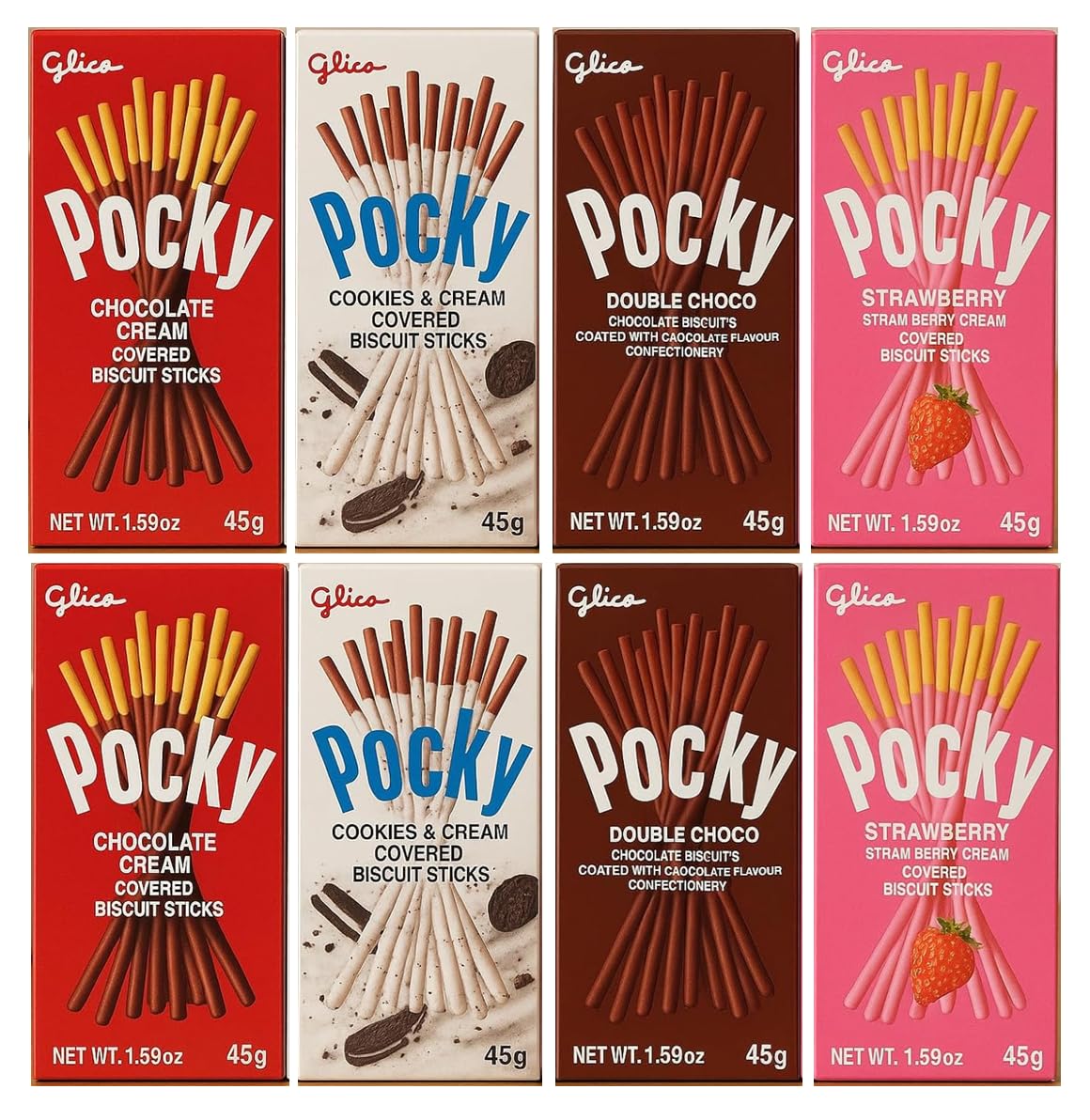 Pocky Chocolate Sticks Variety Pack – 8 Flavours of Crunchy Biscuit Sticks (Chocolate, Cookies & Cream, Double Choco, Strawberry) 45g Each, Imported