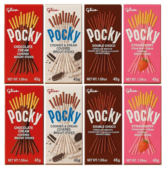 Pocky Chocolate Sticks Variety Pack – 8 Flavours of Crunchy Biscuit Sticks (Chocolate, Cookies & Cream, Double Choco, Strawberry) 45g Each, Imported
