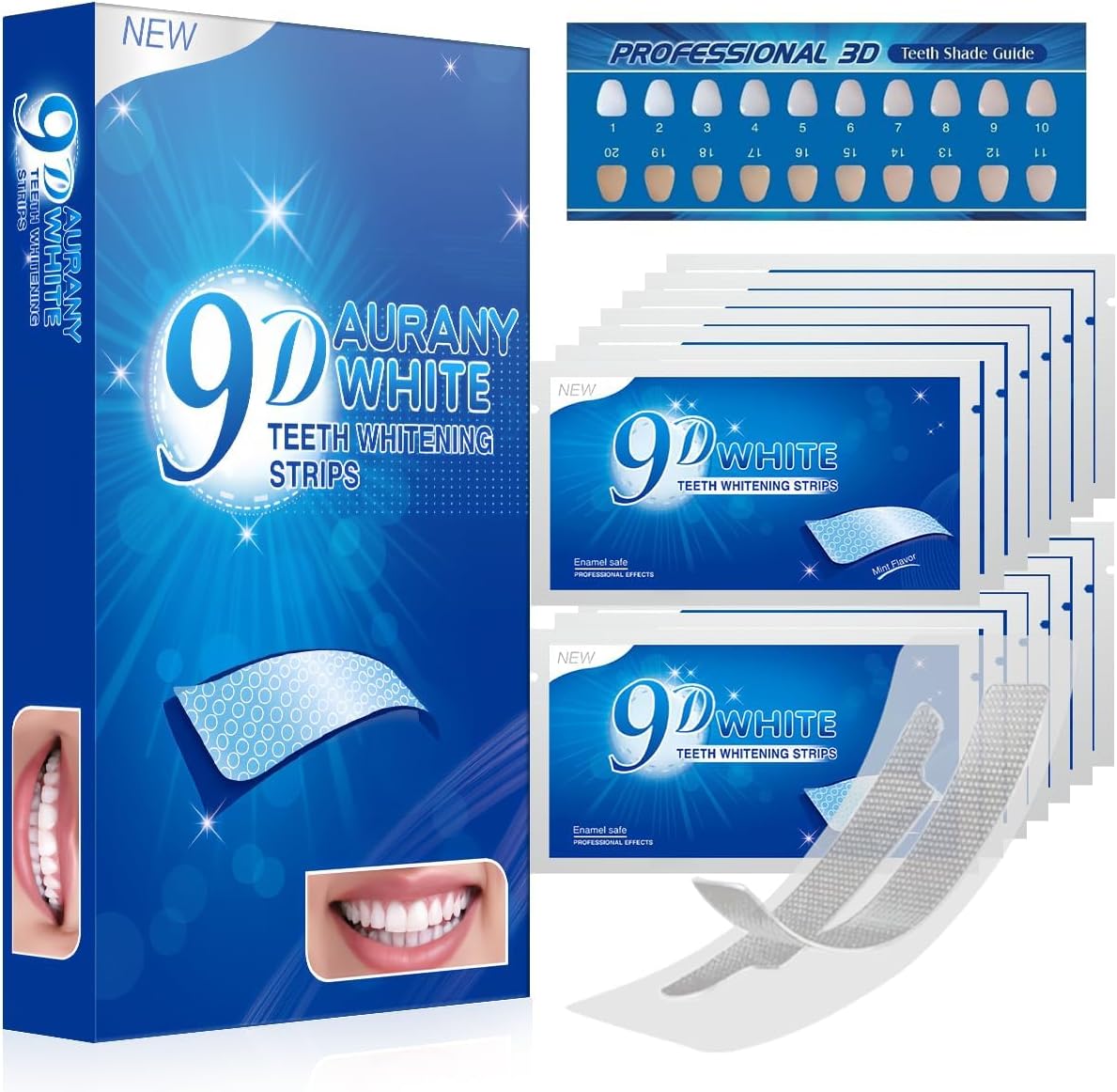 AURANY 9D Sensitive Teeth Whitening Strips – 28 Strips (14 Pairs) Enamel-Safe, Non-Sensitive Formula for Coffee & Smoking Stains – Fast, Gentle Whitening Kit