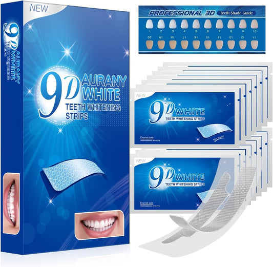 AURANY 9D Sensitive Teeth Whitening Strips – 28 Strips (14 Pairs) Enamel-Safe, Non-Sensitive Formula for Coffee & Smoking Stains – Fast, Gentle Whitening Kit