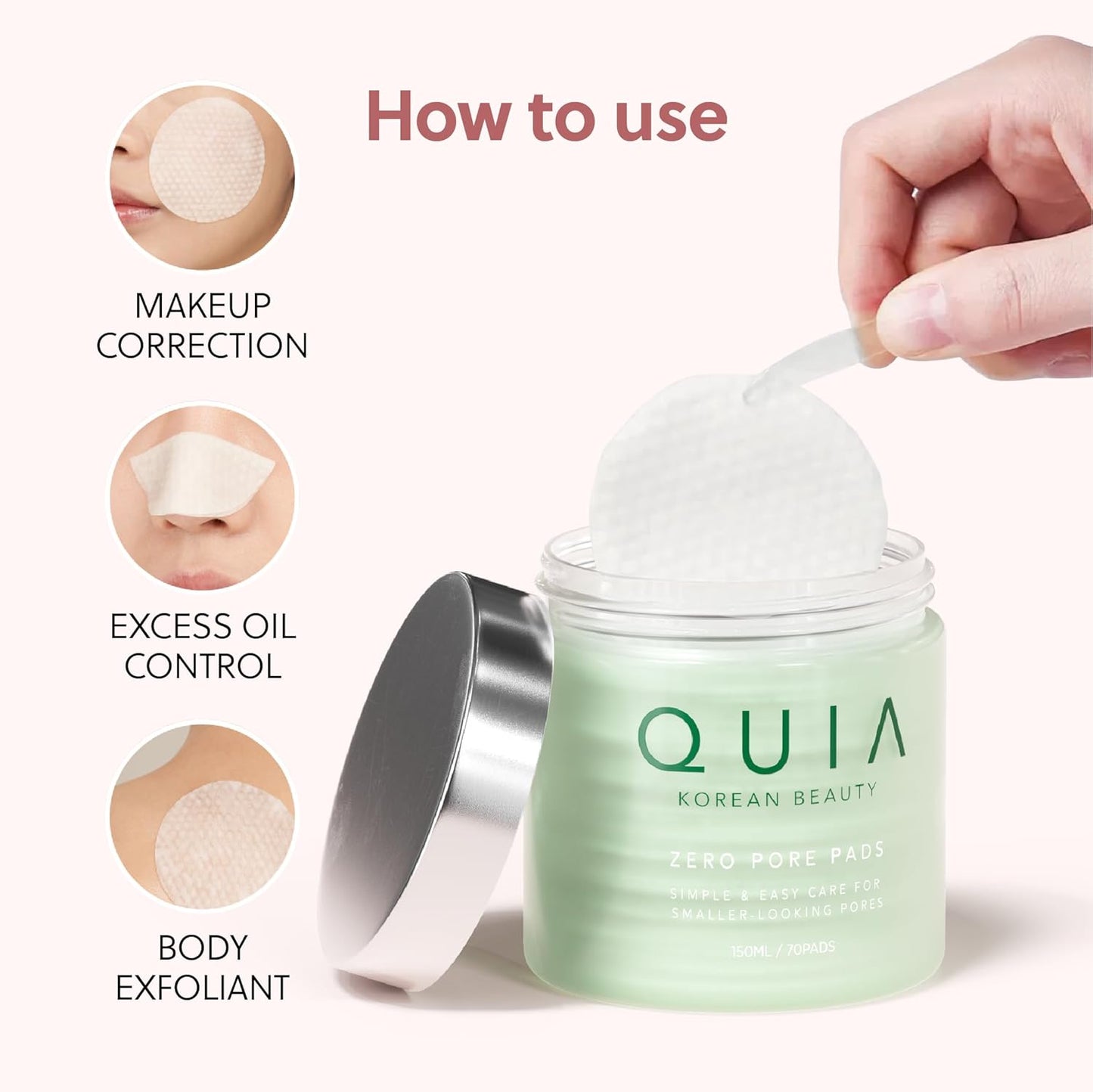QUIA Dual-Action Toner Pads – Exfoliate & Hydrate in One Step – Gentle PHA Formula for Sensitive Skin – 70 Textured Pads
