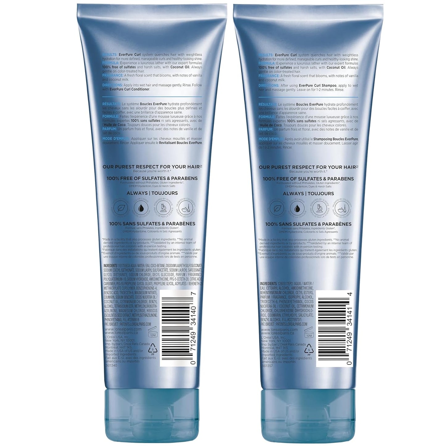 L'Oreal Paris EverPure Sulfate-Free Shampoo & Conditioner Set for Curly Hair with Coconut Oil – Anti-Frizz, Lightweight Hydration, Color-Safe, 8.5 fl oz Each
