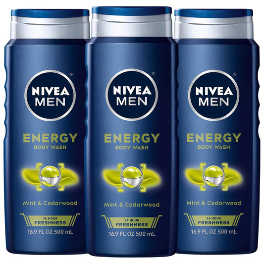 NIVEA Men Energy Body Wash with Mint & Cedarwood – 3-in-1 Face, Hair & Body Cleanser, Long-Lasting Freshness, Pack of 3 (16.9 fl oz Each)