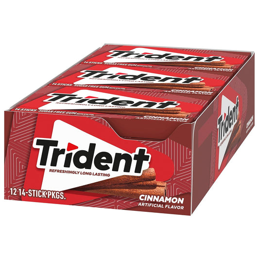 Trident Cinnamon Sugar-Free Gum 12 Pack (14 Sticks x 26g) – Long-Lasting Flavor, Fights Plaque & Freshens Breath – Vegetarian & Low Calorie (Imported)