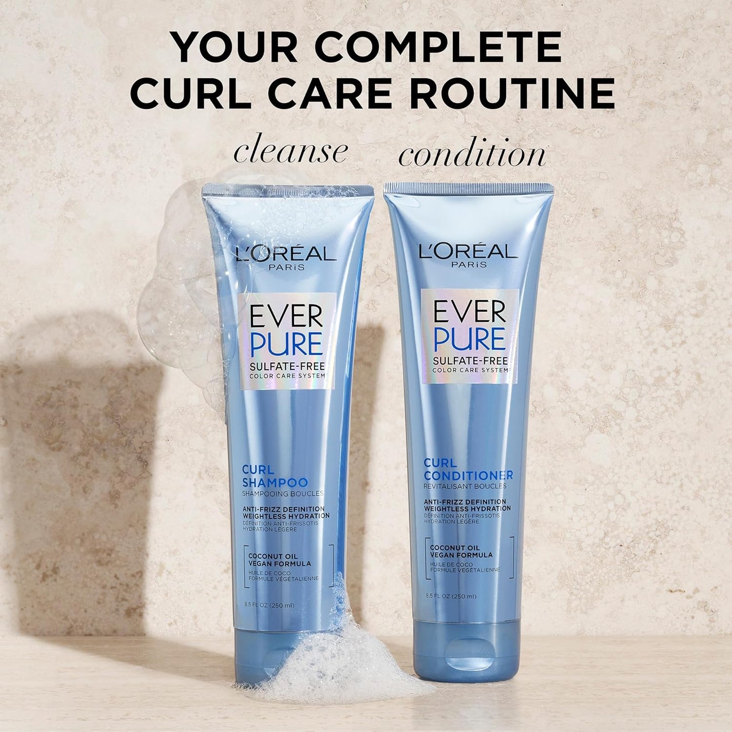 L'Oreal Paris EverPure Sulfate-Free Shampoo & Conditioner Set for Curly Hair with Coconut Oil – Anti-Frizz, Lightweight Hydration, Color-Safe, 8.5 fl oz Each