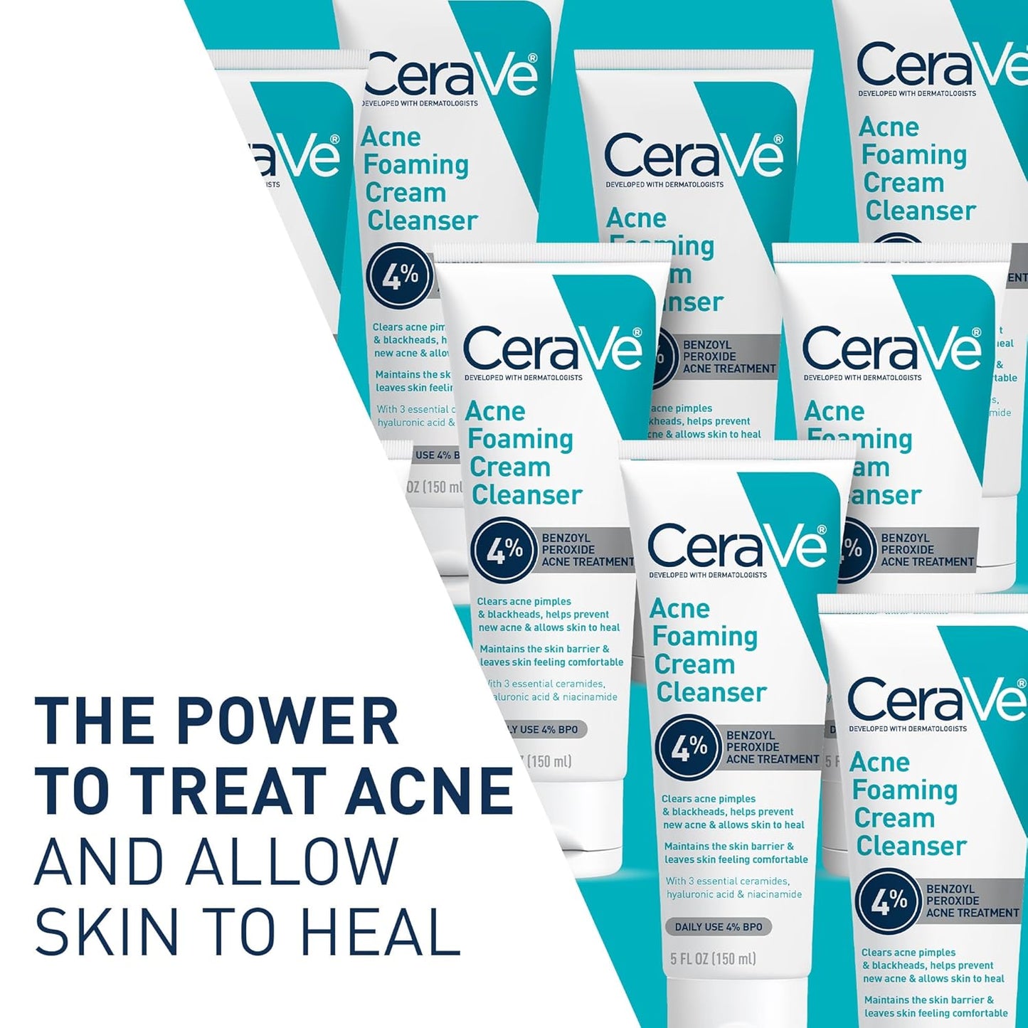CeraVe Acne Foaming Cream Cleanser with 4% Benzoyl Peroxide & Hyaluronic Acid – Gentle Daily Acne Face Wash for Clear, Hydrated Skin