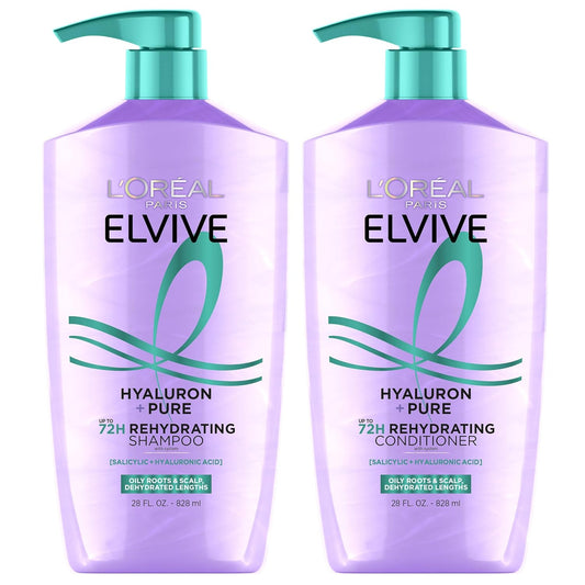 L'Oreal Paris Elvive Hyaluron + Pure Shampoo & Conditioner Set | Clarifying & Hydrating Care with Salicylic Acid & Hyaluronic Acid | For Oily Hair | 1 Kit