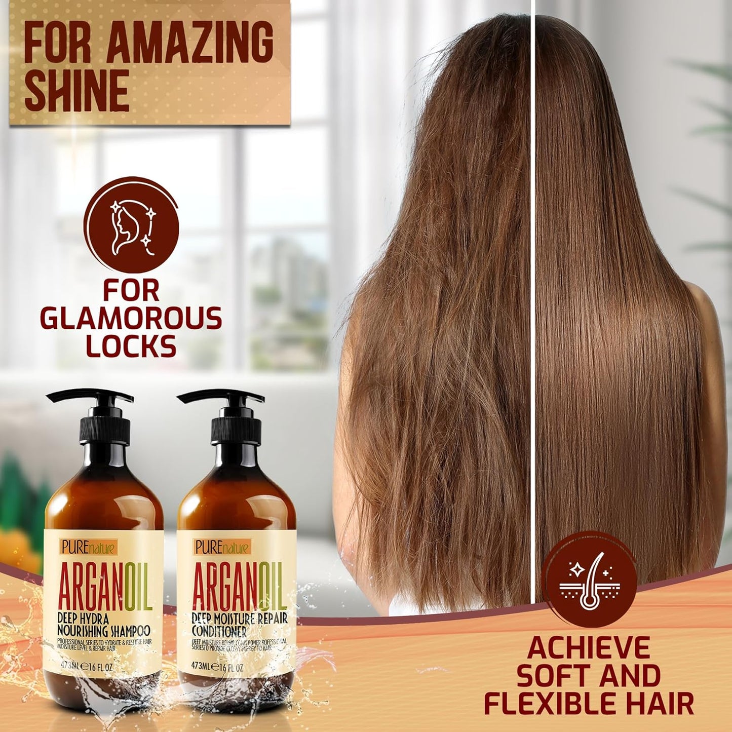 Argan Oil Shampoo & Conditioner Set | Sulfate-Free Moroccan Care with Keratin | Moisturizes, Strengthens & Reduces Frizz | For Curly, Straight & Damaged Hair