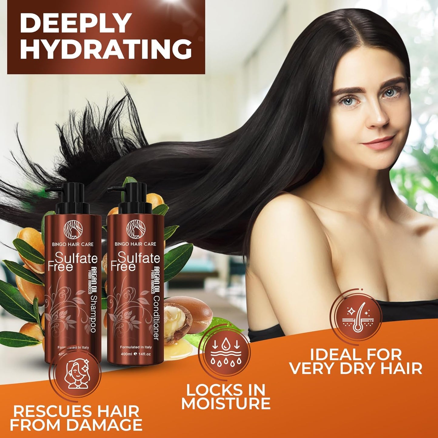 Moroccan Argan Oil Shampoo & Conditioner Set – Sulfate-Free Hydrating & Anti-Frizz Care – Moisturizing Treatment for Color, Curly & Damaged Hair, 2 Pack