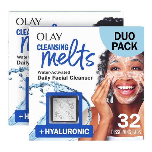 Olay Hyaluronic Acid Cleansing Melts – Fragrance-Free Daily Face Wash Pads, Gentle Cleanser for All Skin Types, Travel-Friendly 64ct (2-Pack)