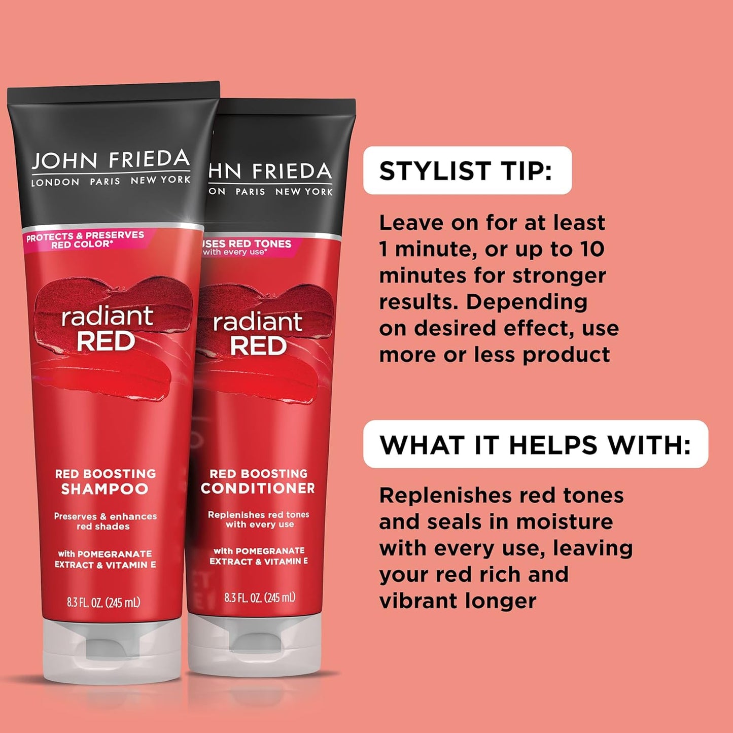 John Frieda Radiant Red Shampoo & Conditioner Set | Boost Vibrancy & Shine for All Red Hair Shades with Pomegranate & Vitamin E (2-Pack)