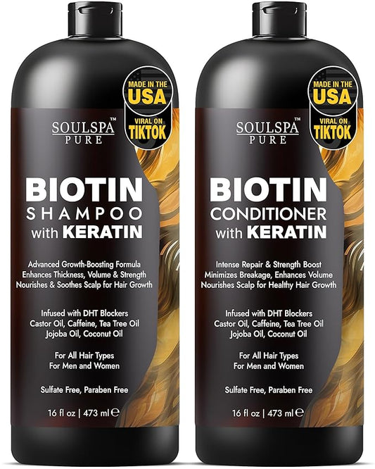 Biotin Shampoo & Conditioner Set with Keratin – Anti-Thinning, DHT Blocker Hair Growth Formula – Sulfate-Free Repair for Men & Women, 16 fl oz Each