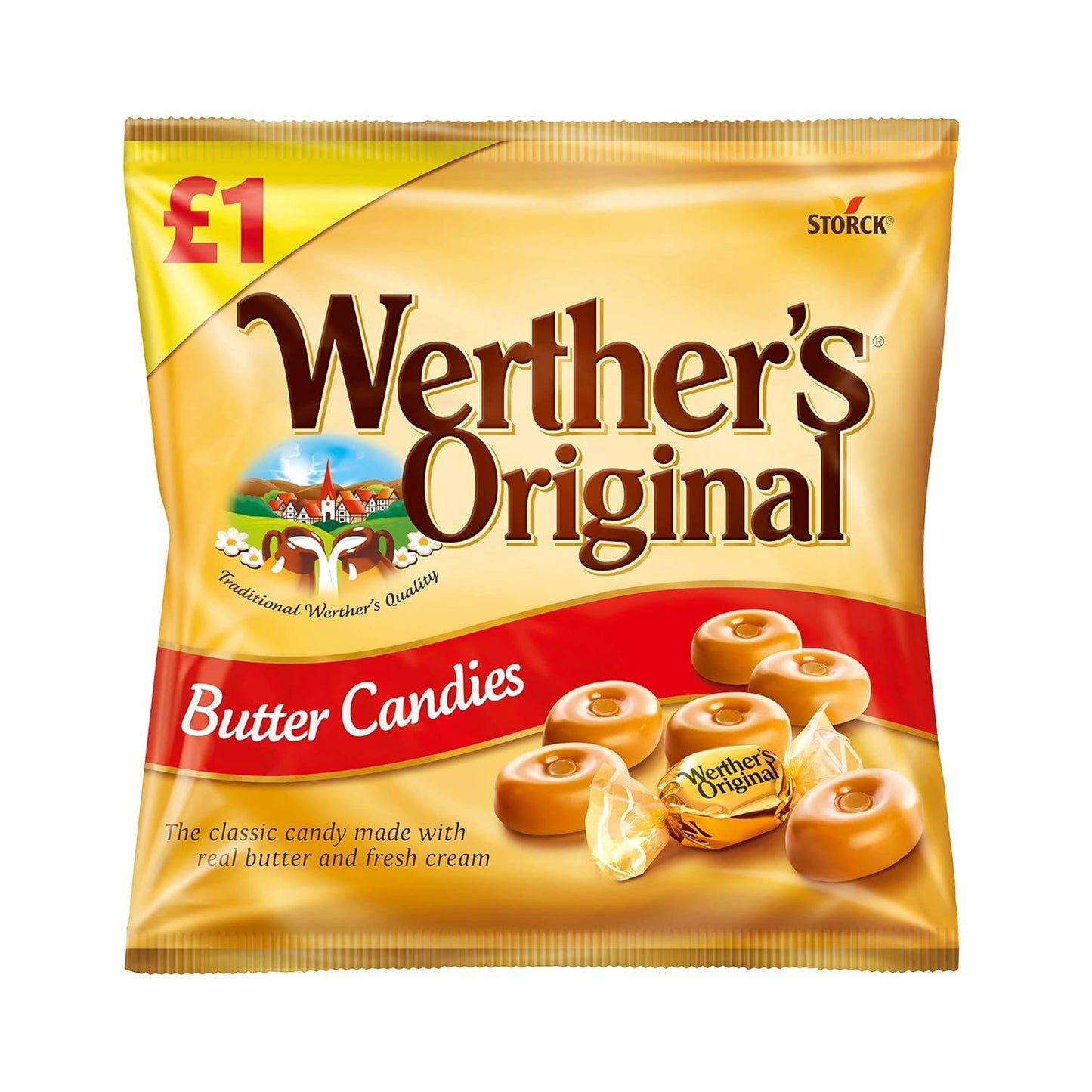 Werther’s Original Butter Candy | Classic Creamy Caramel Toffees | 110g Bag (Imported, Vegetarian, Halal)