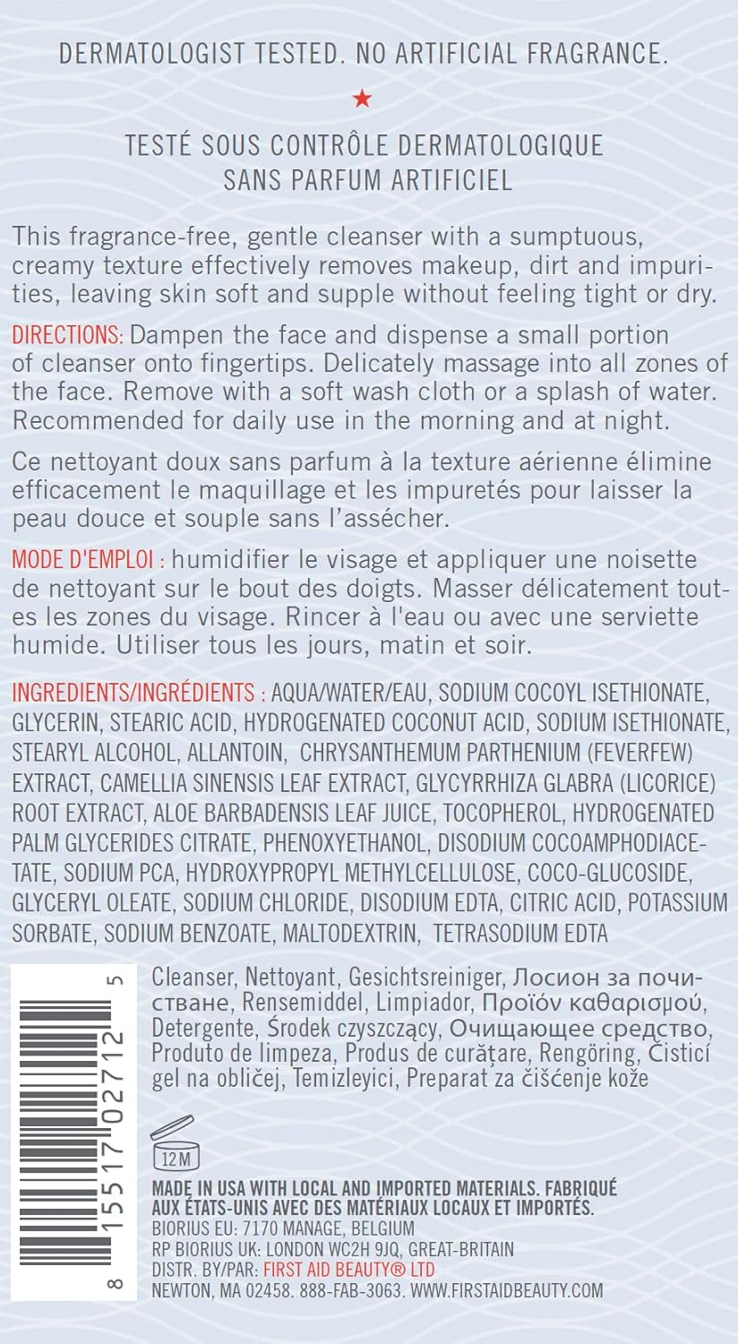 First Aid Beauty Pure Skin Face Cleanser – Gentle, Antioxidant Cream Cleanser for Sensitive Skin (5 oz)