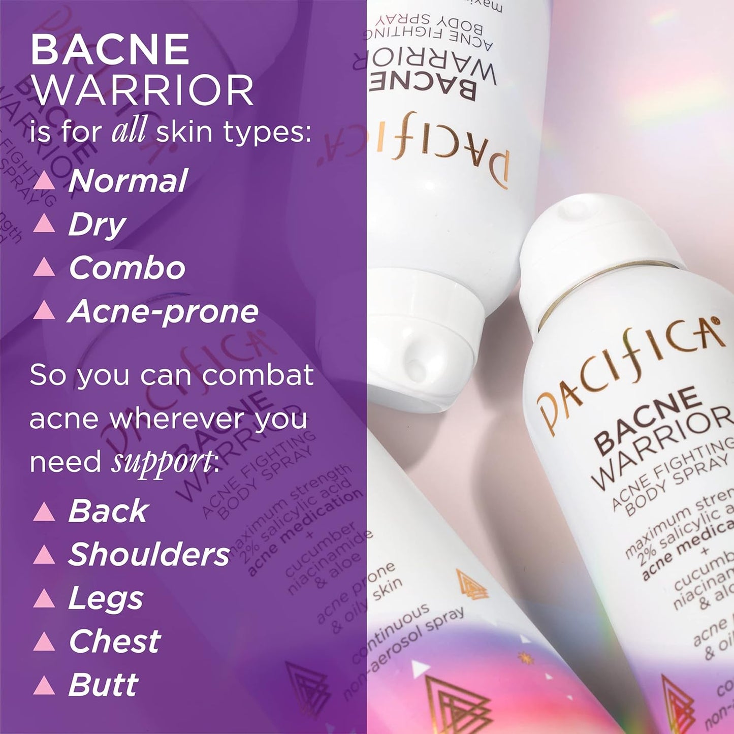 Pacifica Bacne Acne Cleanser Spray – 2% Salicylic Acid Body Mist for Back, Chest & Body Acne | Niacinamide & Aloe | Vegan & Dermatologist Tested – 6oz