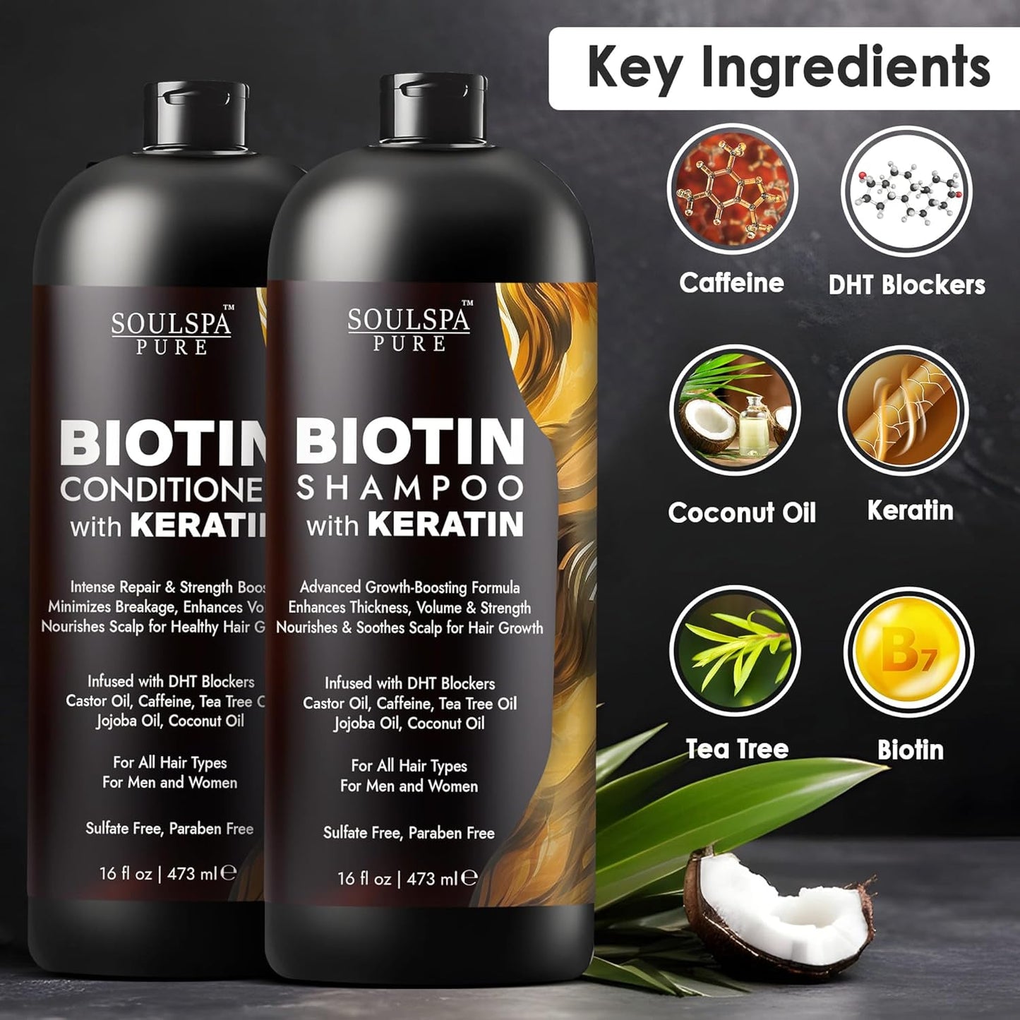 Biotin Shampoo & Conditioner Set with Keratin – Anti-Thinning, DHT Blocker Hair Growth Formula – Sulfate-Free Repair for Men & Women, 16 fl oz Each