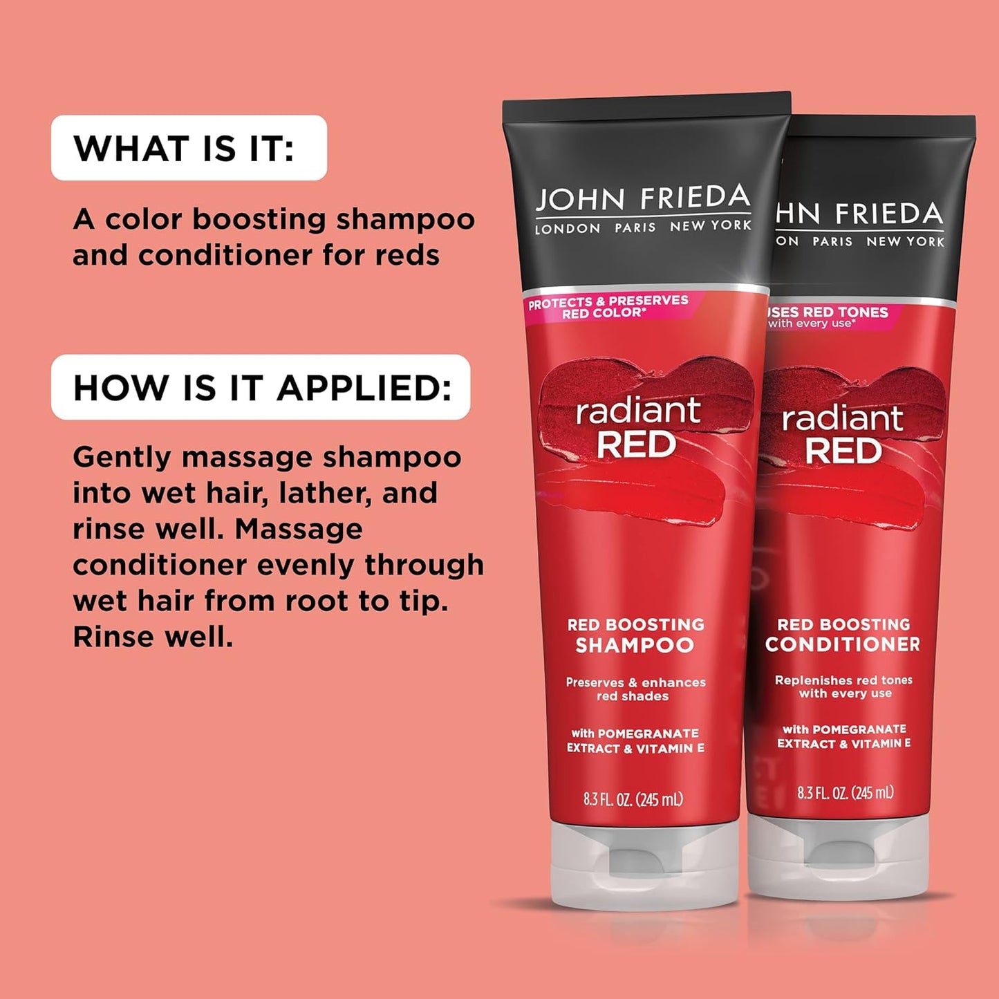 John Frieda Radiant Red Shampoo & Conditioner Set | Boost Vibrancy & Shine for All Red Hair Shades with Pomegranate & Vitamin E (2-Pack)